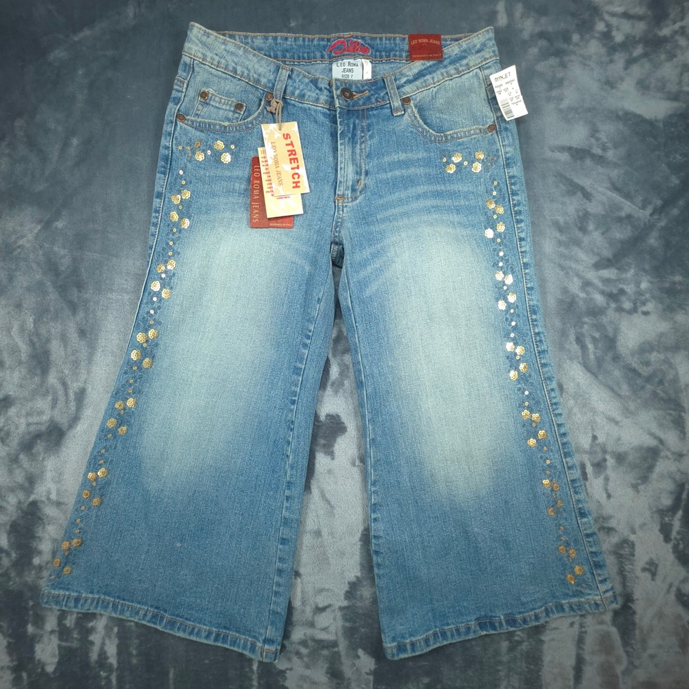 Leo Roma Jeans Womens 7 Blue Sequin Floral Crop Flare Wide Leg Stretch Denim
